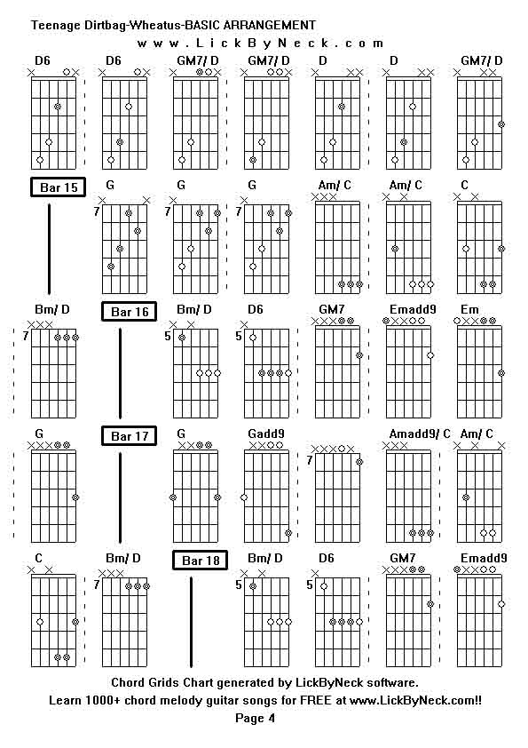 Chord Grids Chart of chord melody fingerstyle guitar song-Teenage Dirtbag-Wheatus-BASIC ARRANGEMENT,generated by LickByNeck software.